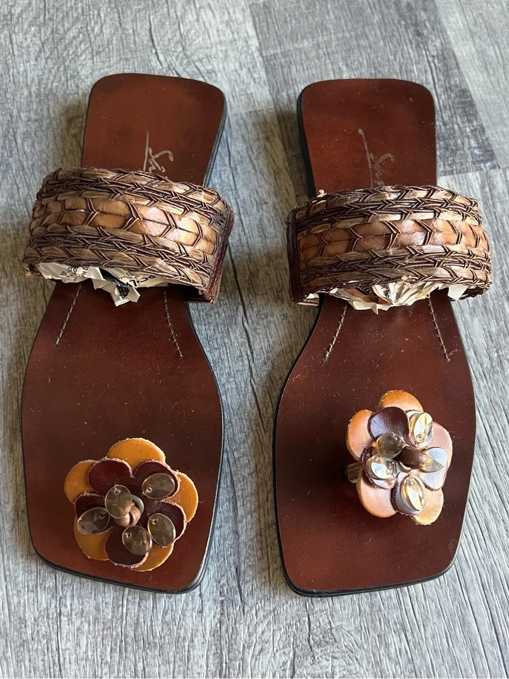 Vintage Samela Woven Leather Floral Slide Sandals Brown Women’s Size 7